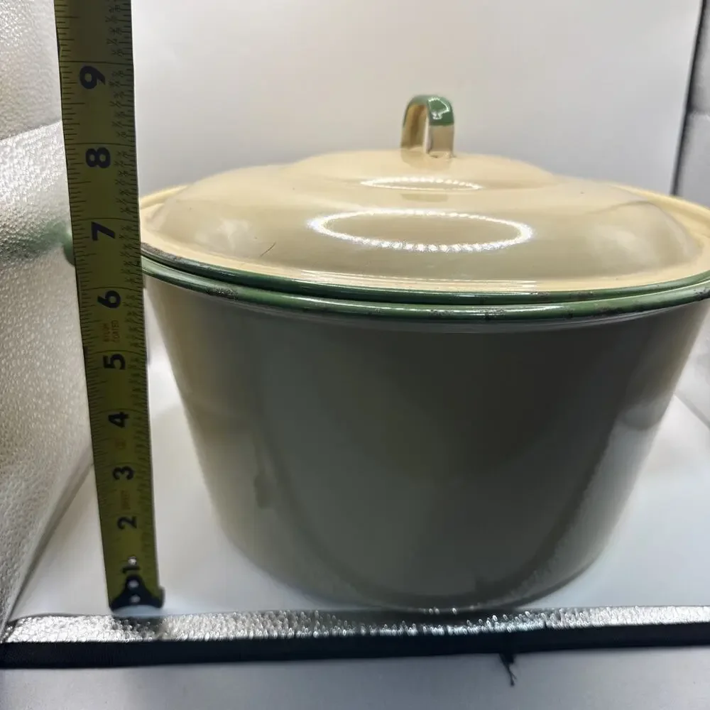 Vintage Cream And Green Enamel Cast-Iron Dutch Oven With Lid